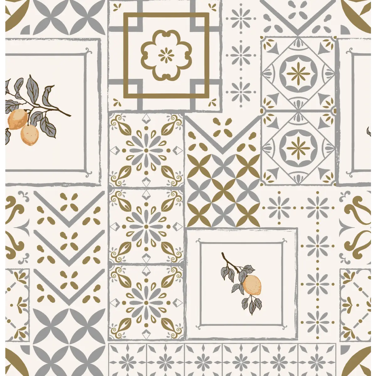 Meena Wallpaper - Lemons and Tiles - by The Bright Leaf Design - Sample 1 foot by 1 foot / Cream - Loomwell Home Goods