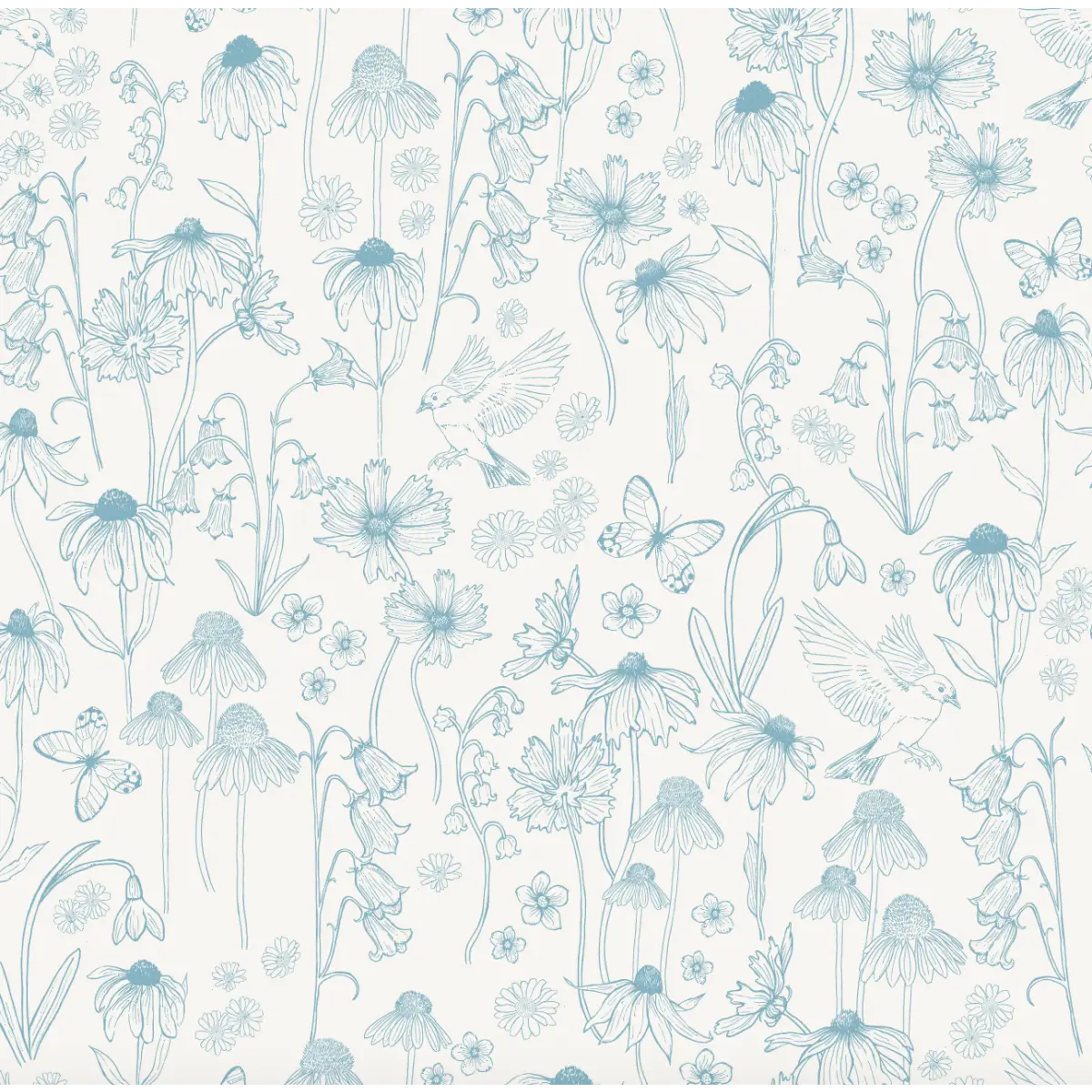 Melody Wallpaper - Butterflies and Birds among Flowers - by Brittany Polatis Design - Sample 1 foot by 1 foot / Blue