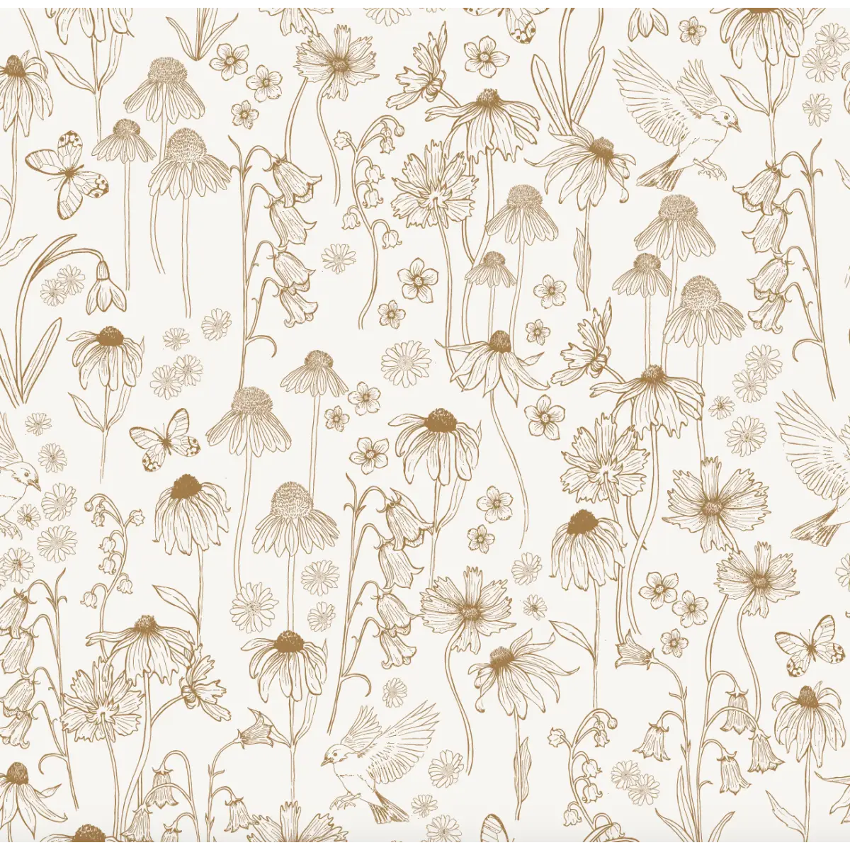 Melody Wallpaper - Butterflies and Birds among Flowers - by Brittany Polatis Design - Sample 1 foot by 1 foot / Brown