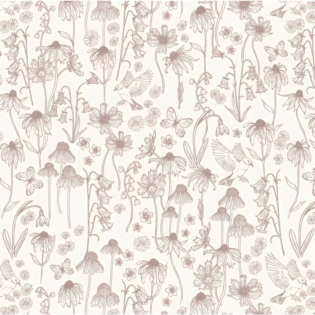 Melody Wallpaper - Butterflies and Birds among Flowers - by Brittany Polatis Design - Sample 1 foot by 1 foot / Mauve