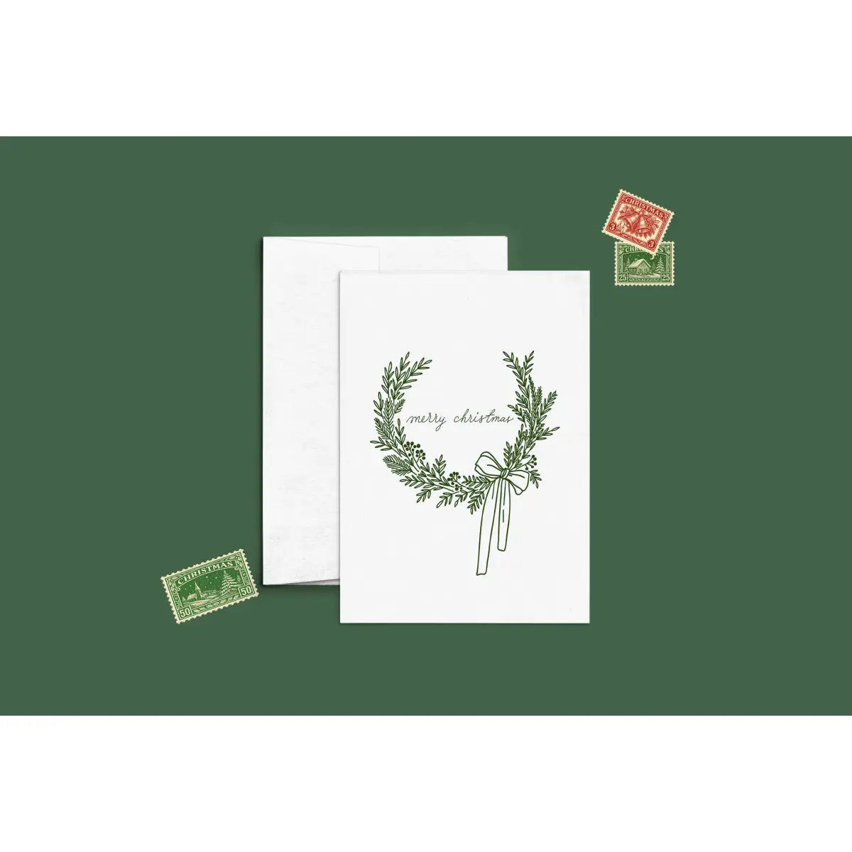 Christmas Card - Merry Christmas Wreath Letterpress - Cate Paper Co.