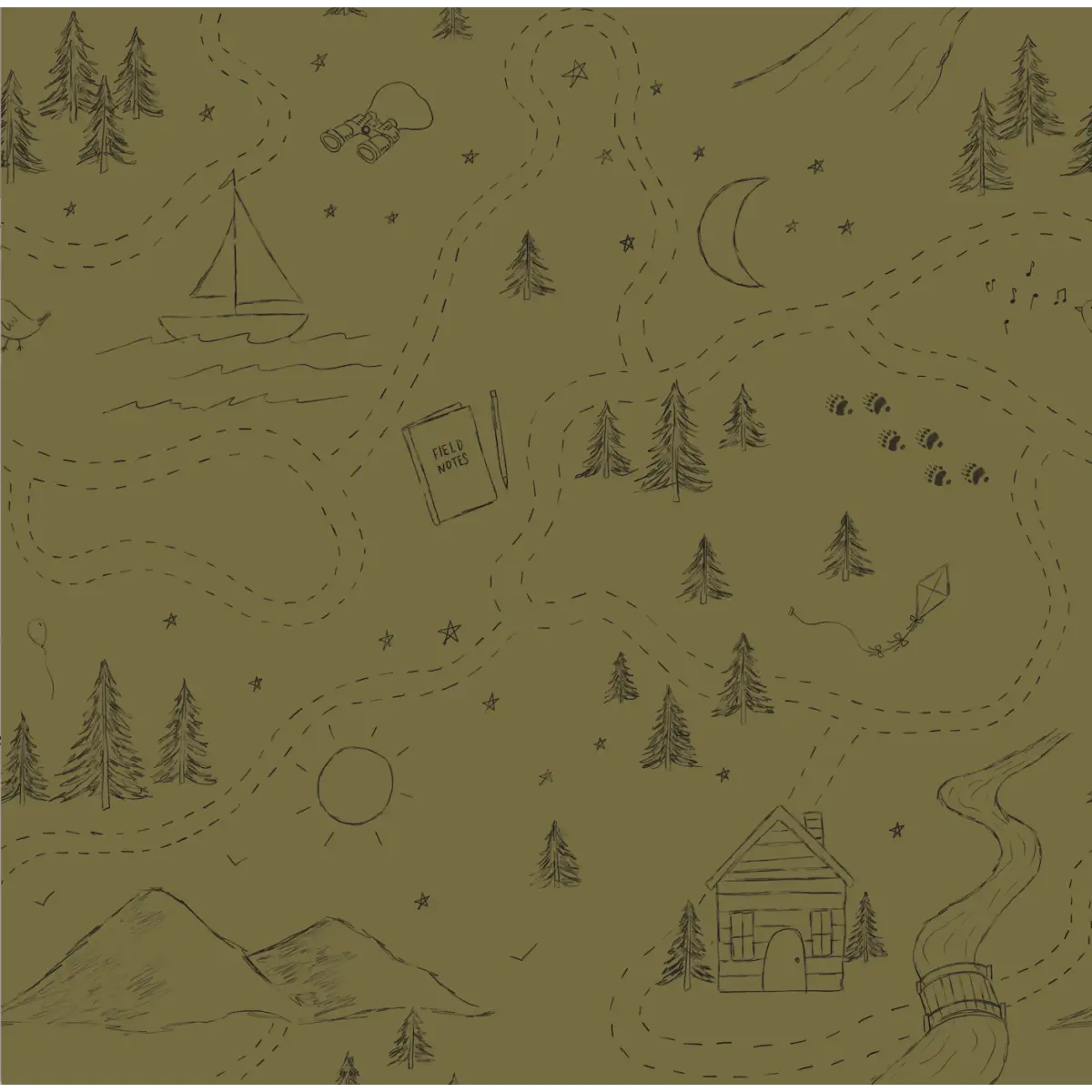 Michael Wallpaper - Houses and Trees Pencil Scketches - by Christy Beasley - Sample 1 foot by 1 foot / Green and Black