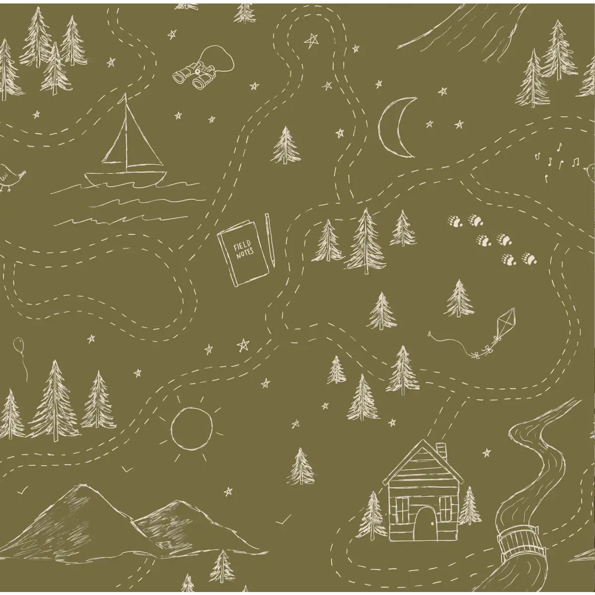 Michael Wallpaper - Houses and Trees Pencil Scketches - by Christy Beasley - Sample 1 foot by 1 foot / Green and Cream