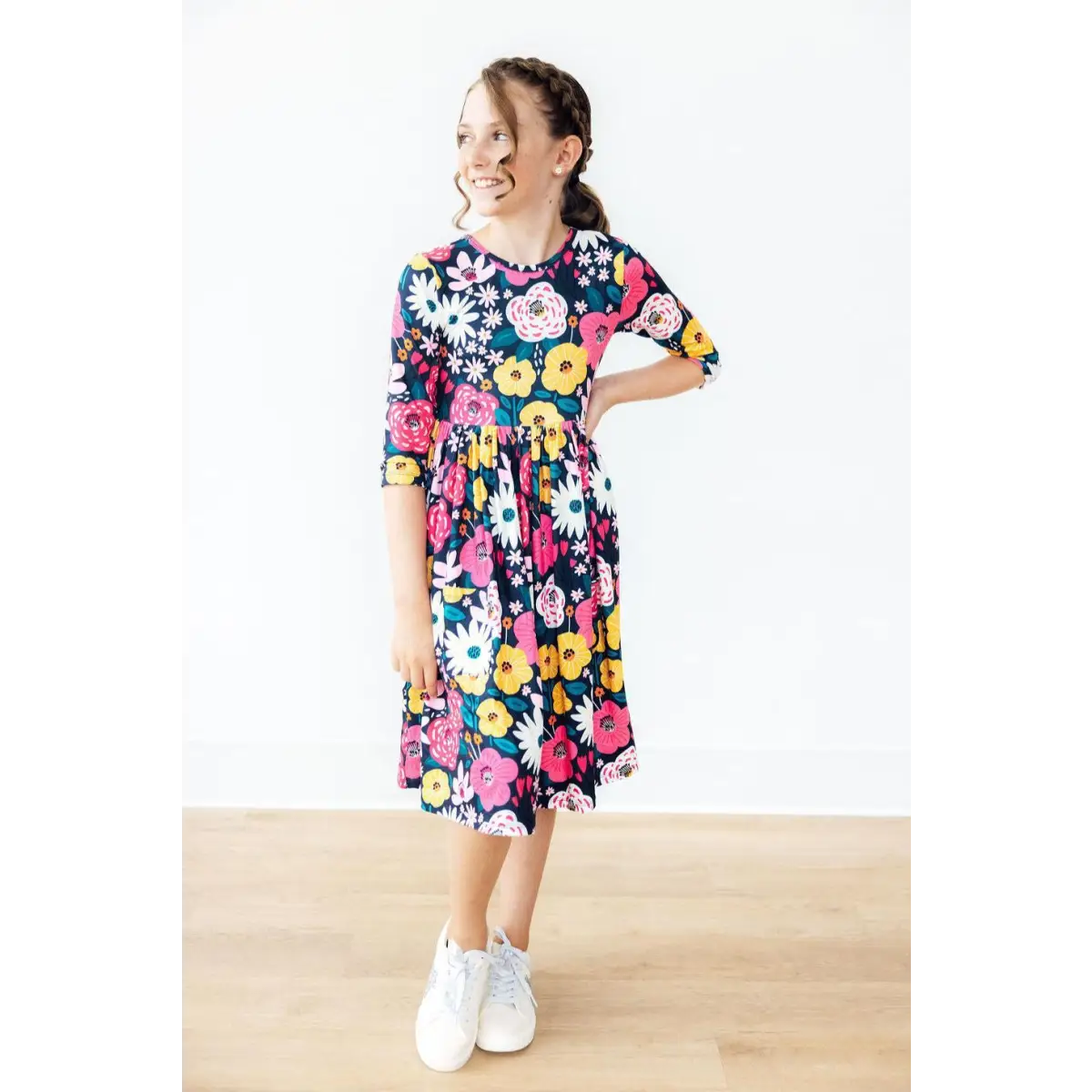 Midnight Floral 3/4 Sleeve Pocket Twirl Dress - Mila & Rose ®