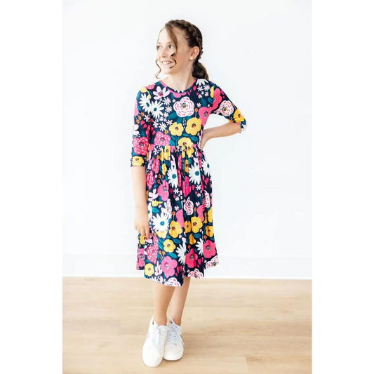 Midnight Floral 3/4 Sleeve Pocket Twirl Dress - Mila & Rose ®