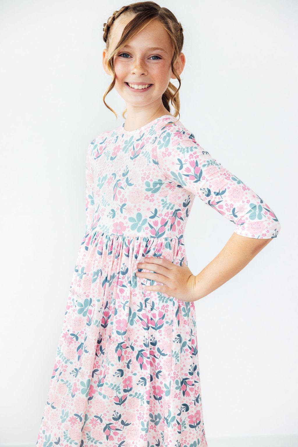 Softly Blooming 3/4 Sleeve Pocket Twirl Dress - Mila & Rose ®