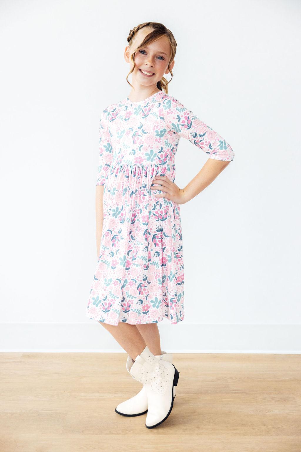 Softly Blooming 3/4 Sleeve Pocket Twirl Dress - Mila & Rose ®