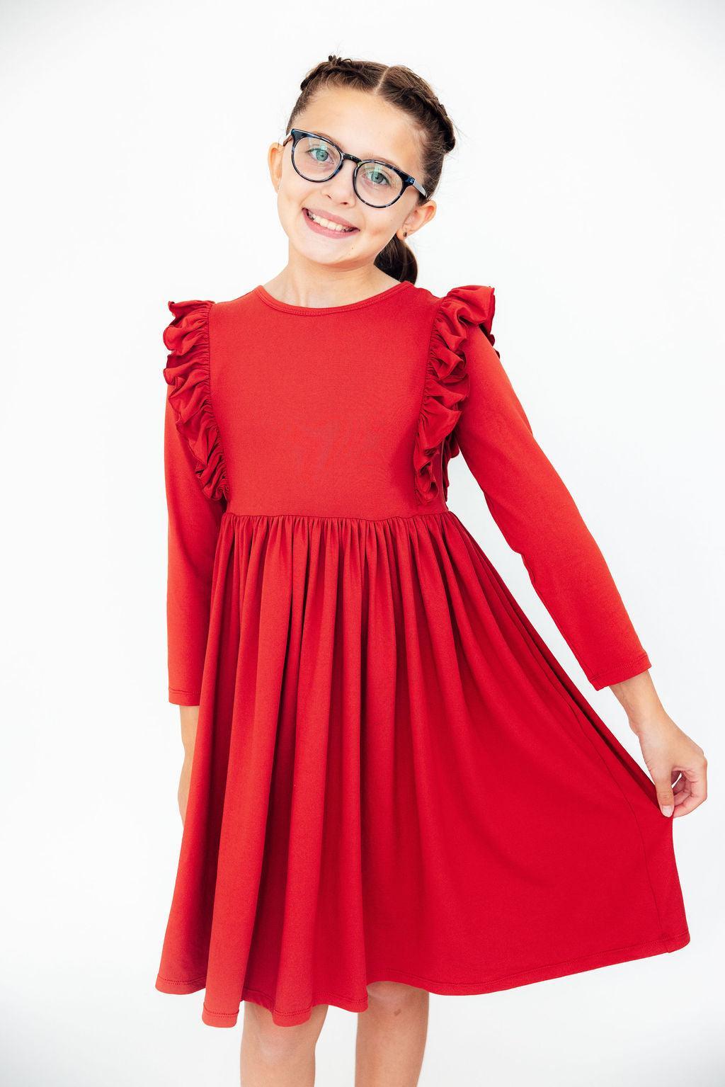 Red L/S Ruffle Twirl Dress - Mila & Rose ®