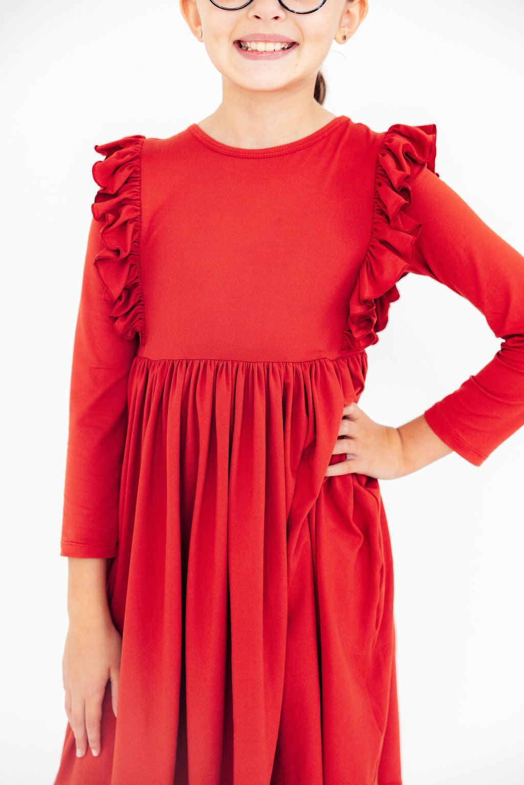 Red L/S Ruffle Twirl Dress - Mila & Rose ®
