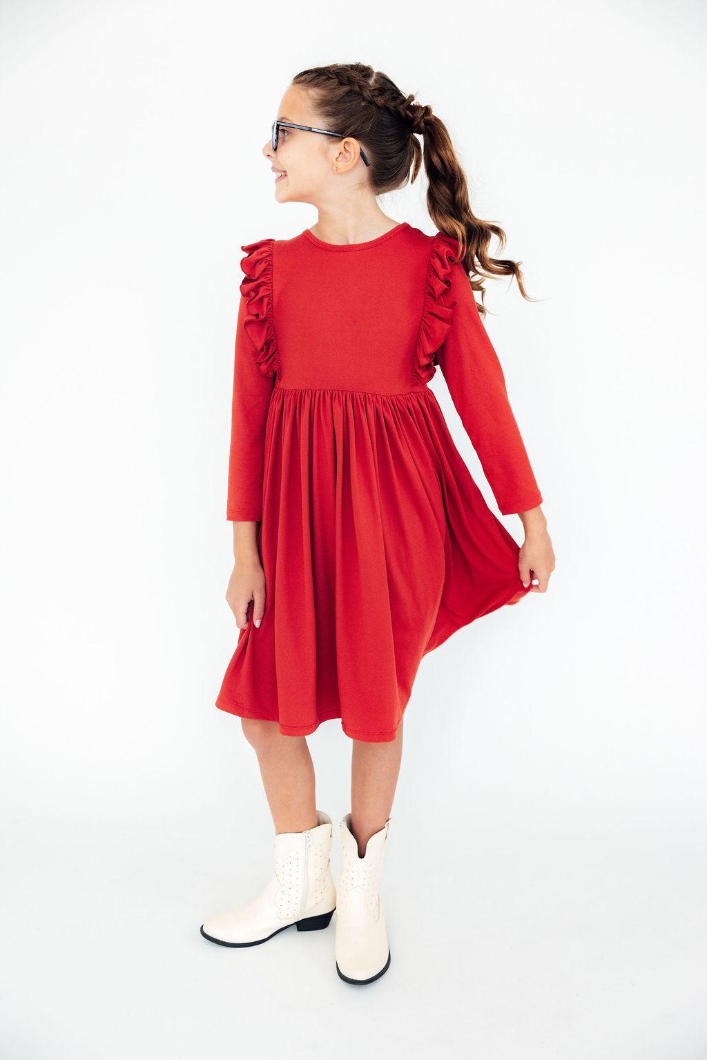 Red L/S Ruffle Twirl Dress - Mila & Rose ®
