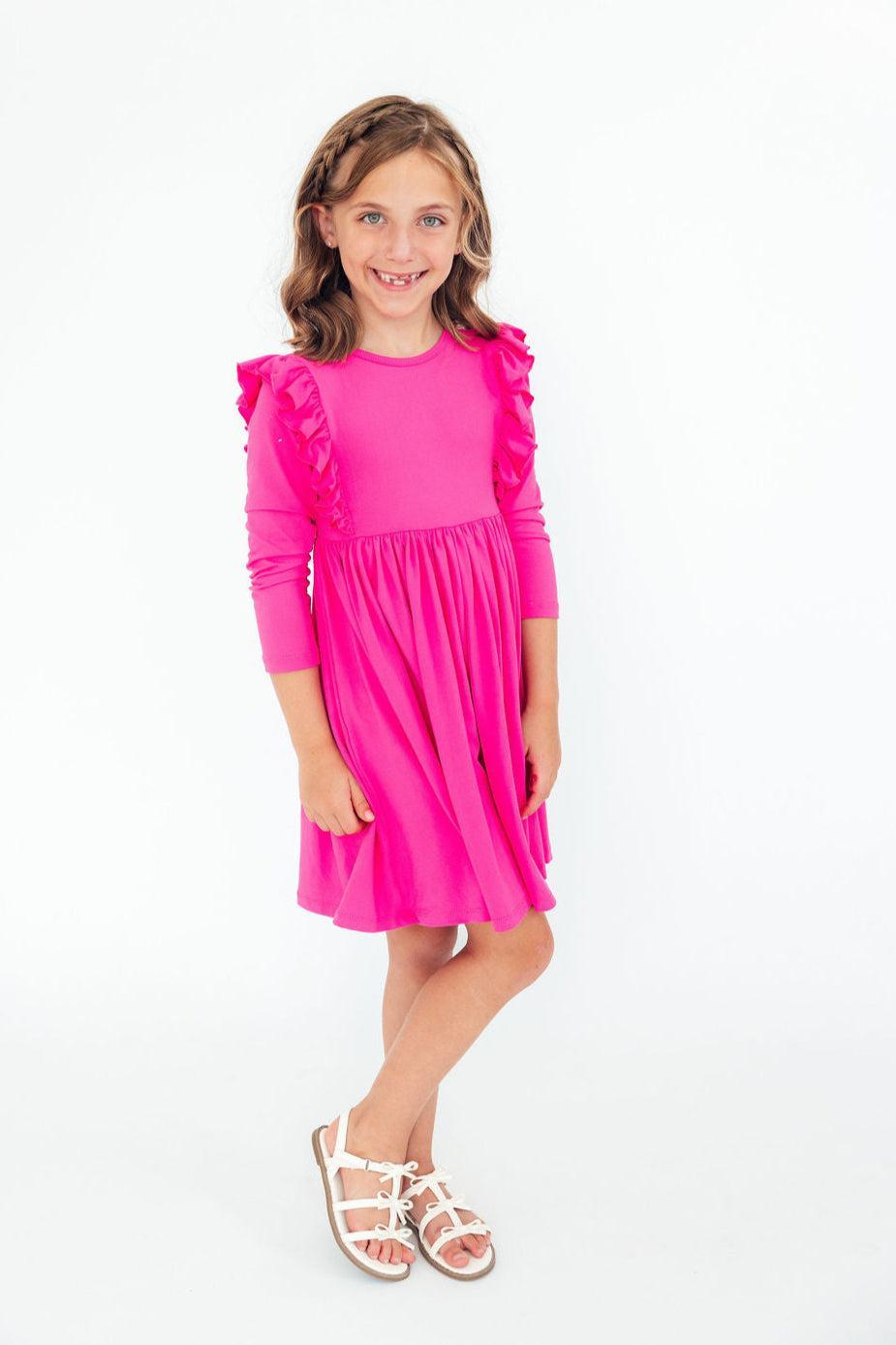 Hot Pink L/S Ruffle Twirl Dress - Mila & Rose ®