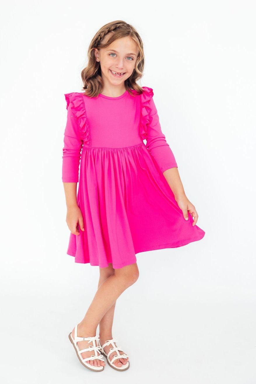 Hot Pink L/S Ruffle Twirl Dress - Mila & Rose ®