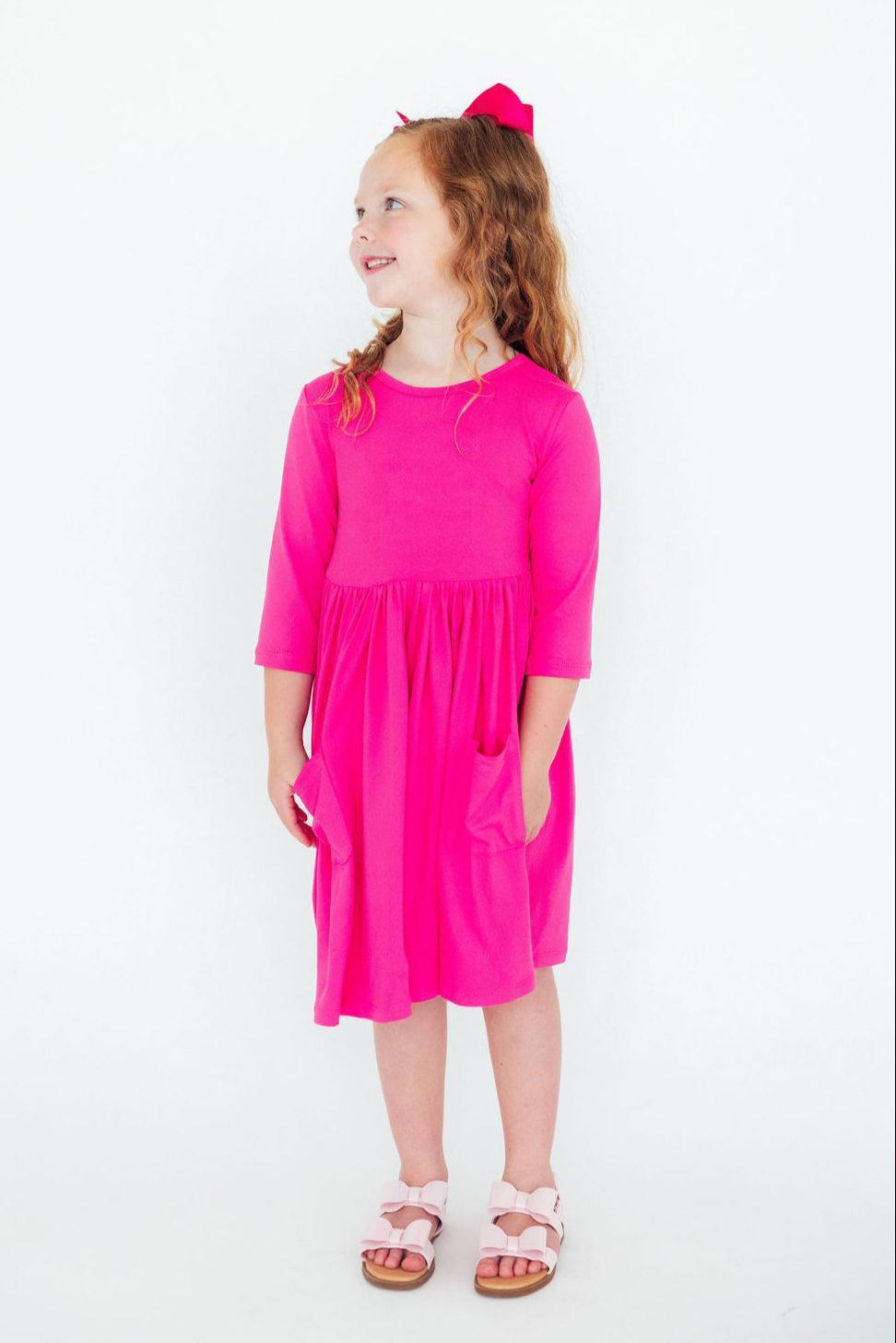 Hot Pink 3/4 Sleeve Pocket Twirl Dress - Mila & Rose ®