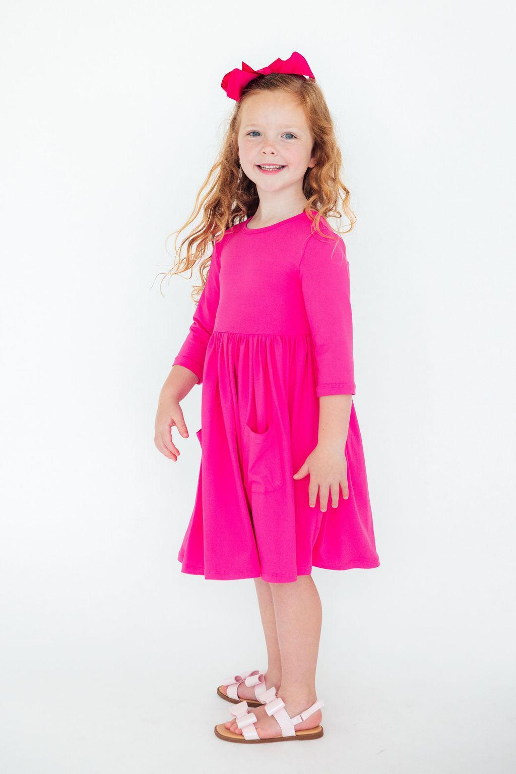 Hot Pink 3/4 Sleeve Pocket Twirl Dress - Mila & Rose ®