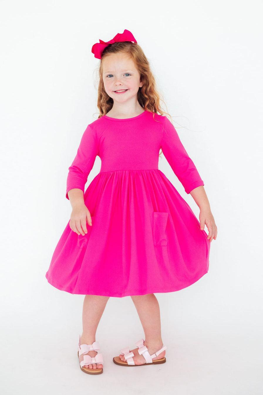 Hot Pink 3/4 Sleeve Pocket Twirl Dress - Mila & Rose ®