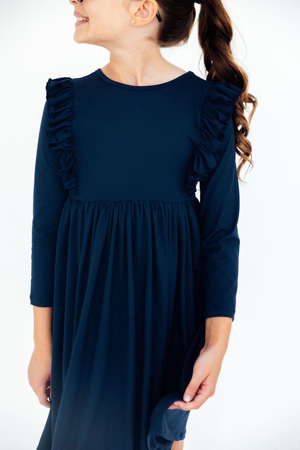 Navy L/S Ruffle Twirl Dress - Mila & Rose ®