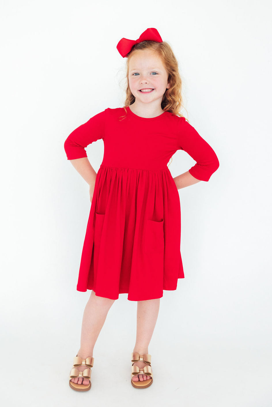 Red 3/4 Sleeve Pocket Twirl Dress - Mila & Rose ®
