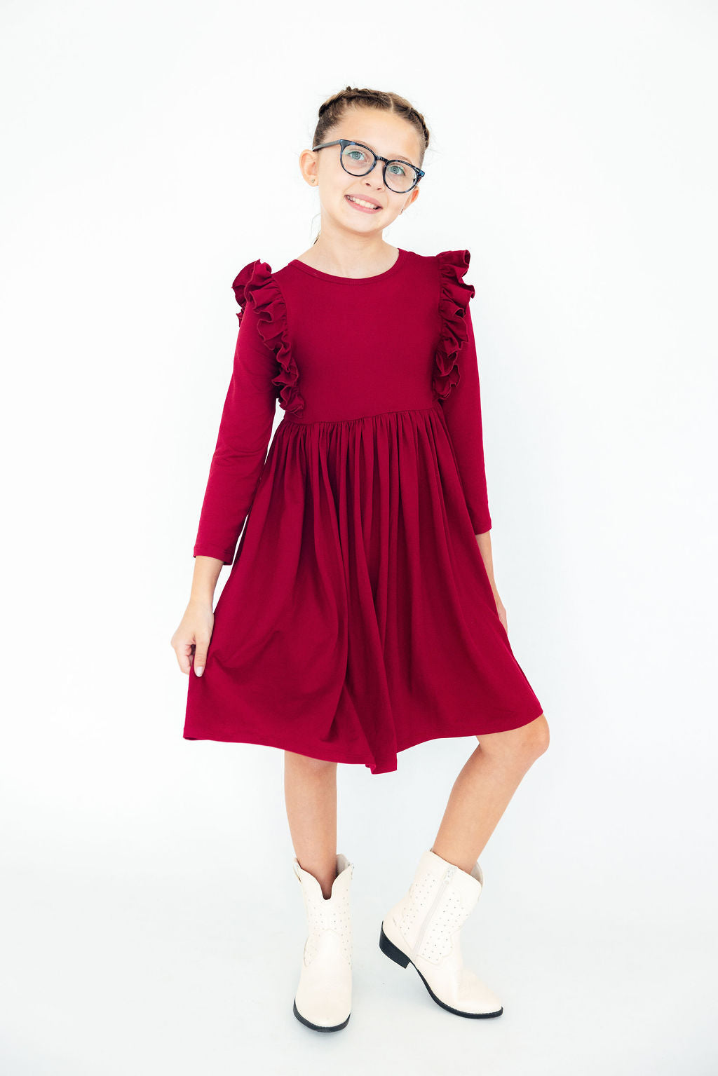 Burgundy L/S Ruffle Twirl Dress - Mila & Rose ®