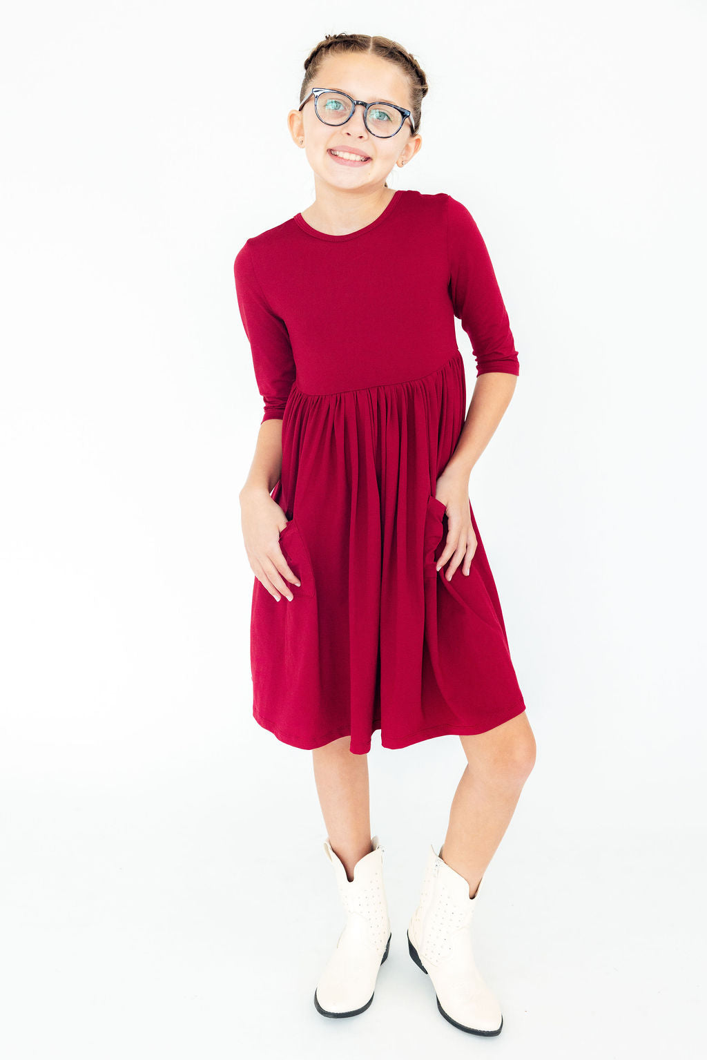 Burgundy 3/4 Sleeve Pocket Twirl Dress - Mila & Rose ®