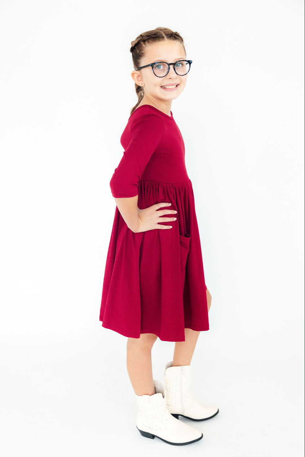 Burgundy 3/4 Sleeve Pocket Twirl Dress - Mila & Rose ®