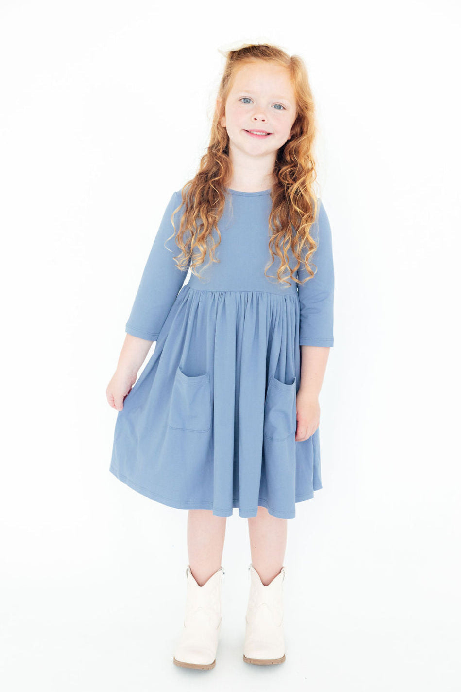 Dusty Blue 3/4 Sleeve Pocket Twirl Dress - Mila & Rose ®