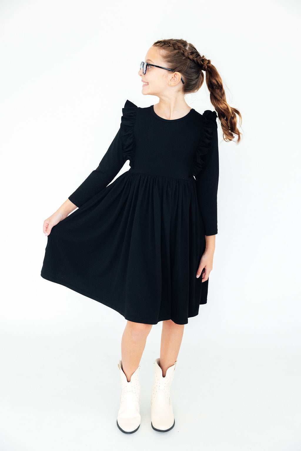 Black L/S Ruffle Twirl Dress - Mila & Rose ®