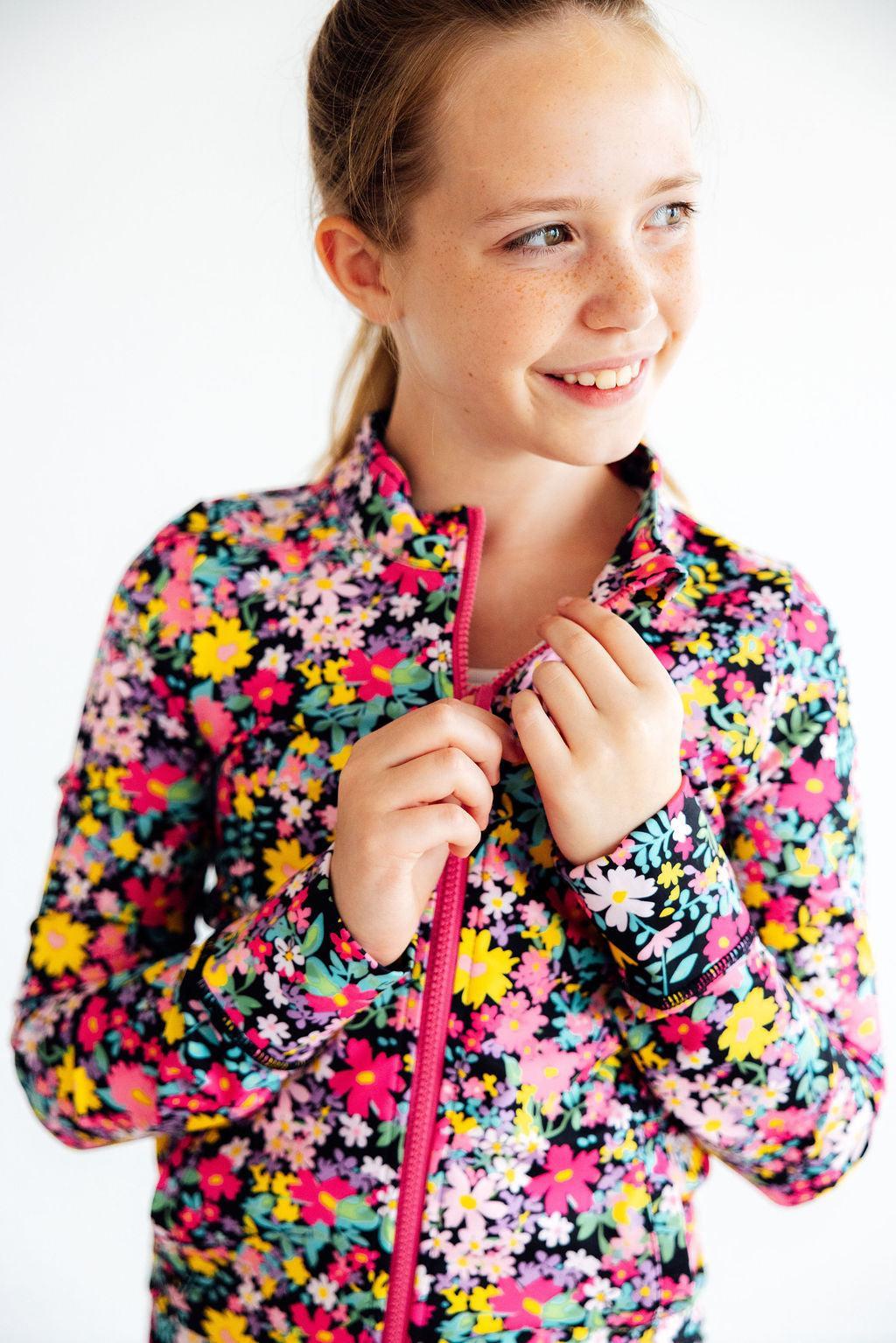 Flexible Floral Ruffle Activewear Zip Jacket - Mila & Rose ®