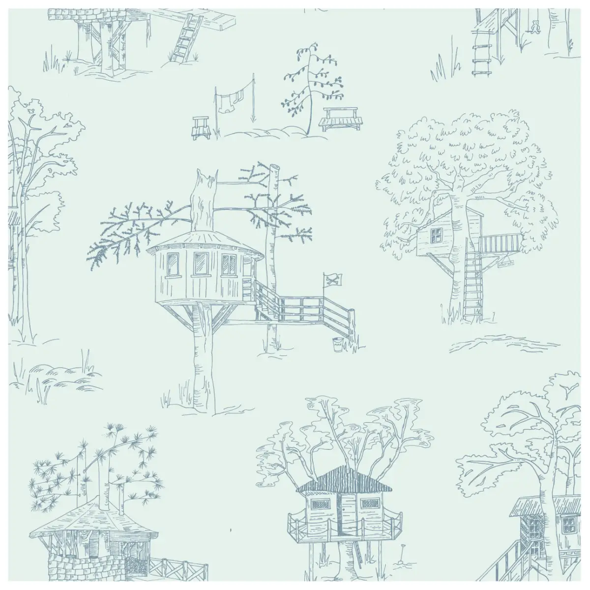 Milo Wallpaper - Treehouse Line Drawings - by ArtShades - Sample 1 foot by 1 foot / Blue - Loomwell Home Goods