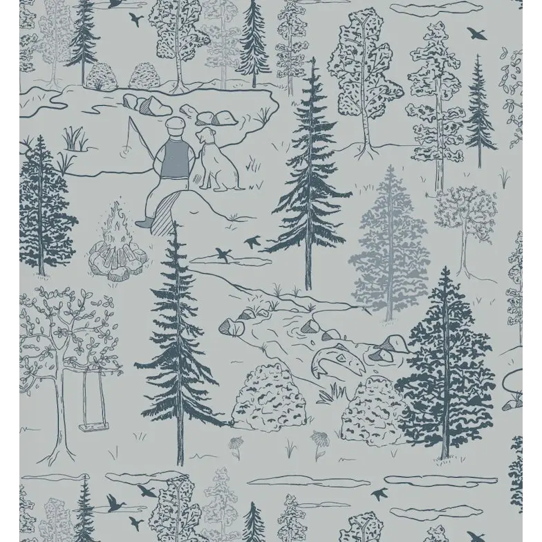 Milton Wallpaper - Fishing Buddies - by Painted Hawk Design - Sample 1 foot by 1 foot / Blue - Loomwell Home Goods