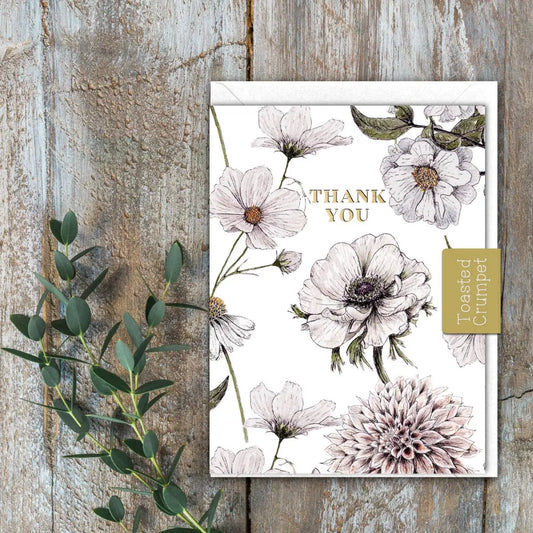 Mini Thank You Card - White Flowers - Toasted Crumpet (US Duties Paid)