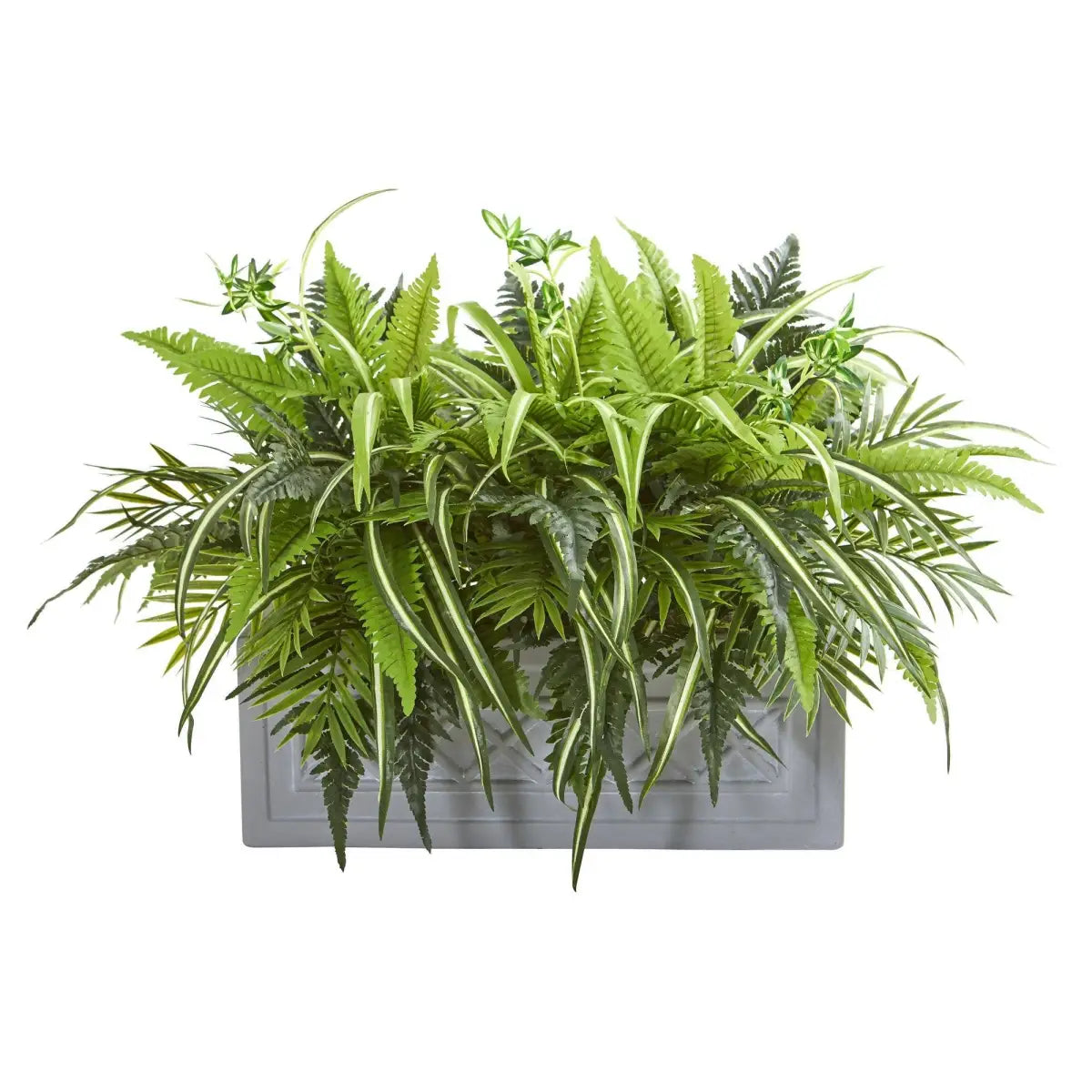 Mixed Greens and Fern Artificial in Stone Planter - Nearly Natural