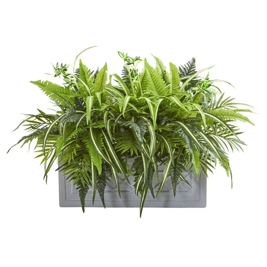 Mixed Greens and Fern Artificial in Stone Planter - Nearly Natural