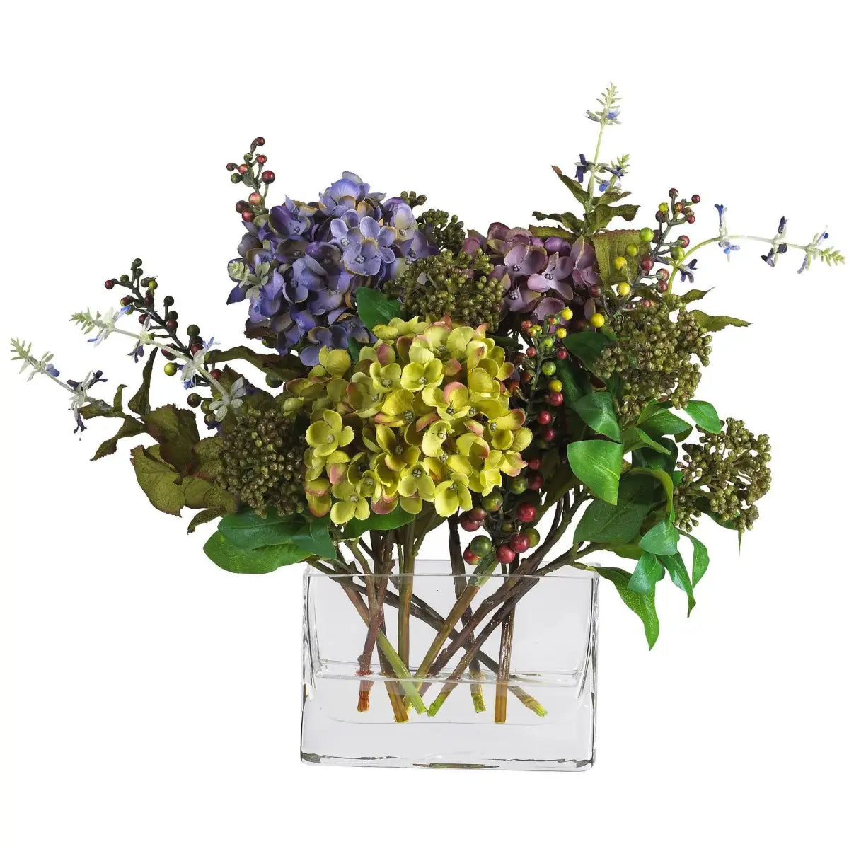 Mixed Hydrangea w/Rectangle Vase Silk Flower Arrangement - Nearly Natural
