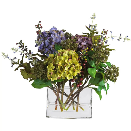 Mixed Hydrangea w/Rectangle Vase Silk Flower Arrangement - Nearly Natural