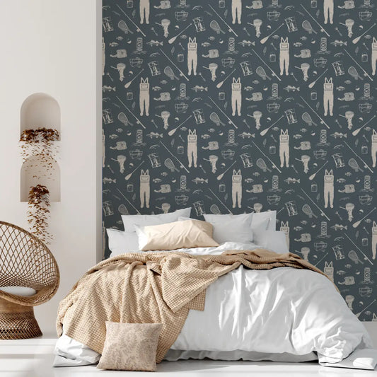 Moby Wallpaper - Fishing Gear - by Kim Hallquist Designs - Loomwell Home Goods