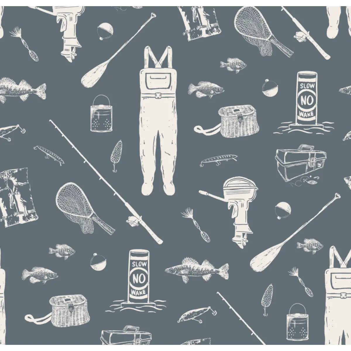 Moby Wallpaper - Fishing Gear - by Kim Hallquist Designs - Sample 1 foot by 1 foot / Blue - Loomwell Home Goods