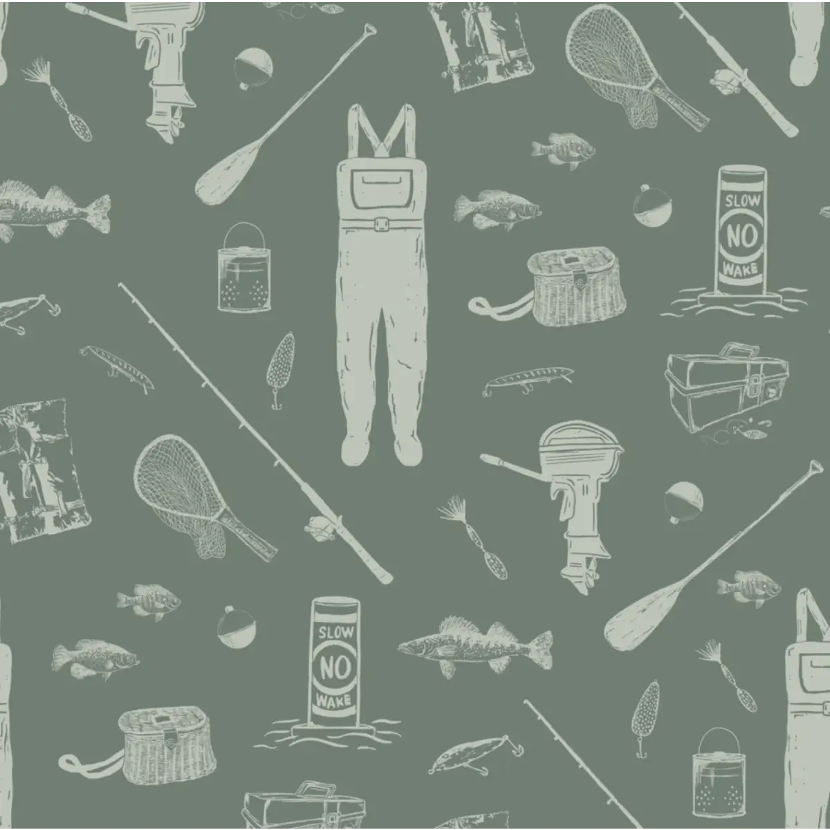 Moby Wallpaper - Fishing Gear - by Kim Hallquist Designs - Sample 1 foot by 1 foot / Green - Loomwell Home Goods