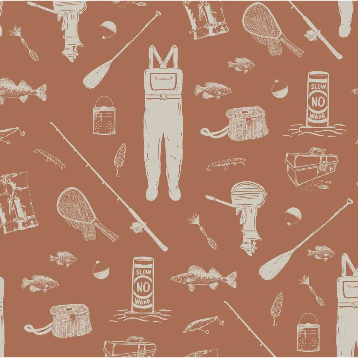Moby Wallpaper - Fishing Gear - by Kim Hallquist Designs - Sample 1 foot by 1 foot / Rust - Loomwell Home Goods