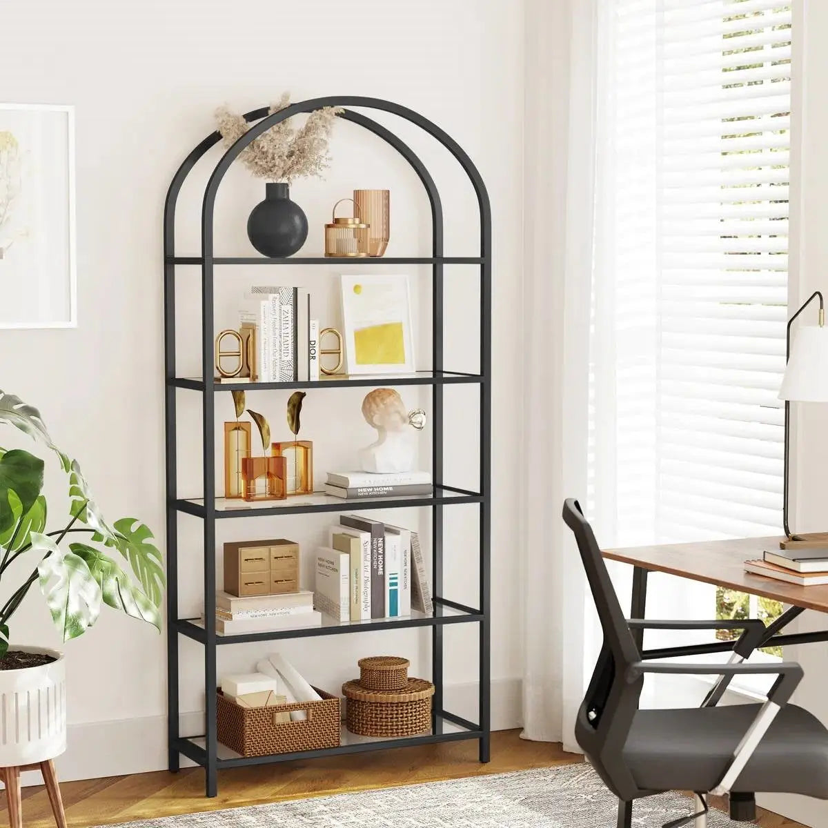 Modern Black Metal Arched Top Display Rack Bookcase with 5 Glass Storage Shelves - HomePacific