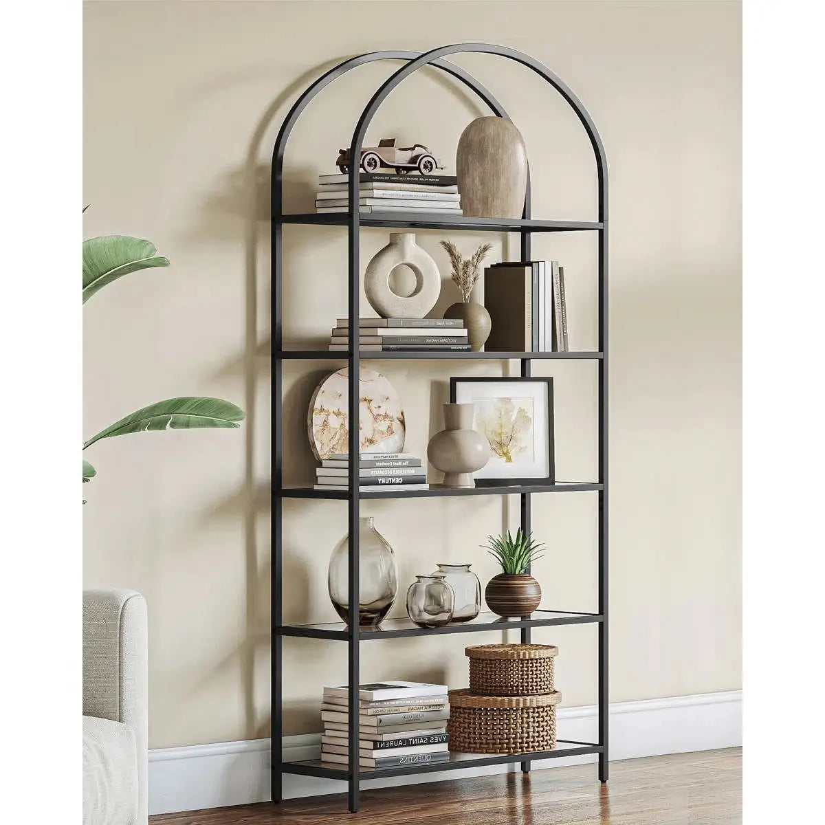 Modern Black Metal Arched Top Display Rack Bookcase with 5 Glass Storage Shelves - HomePacific