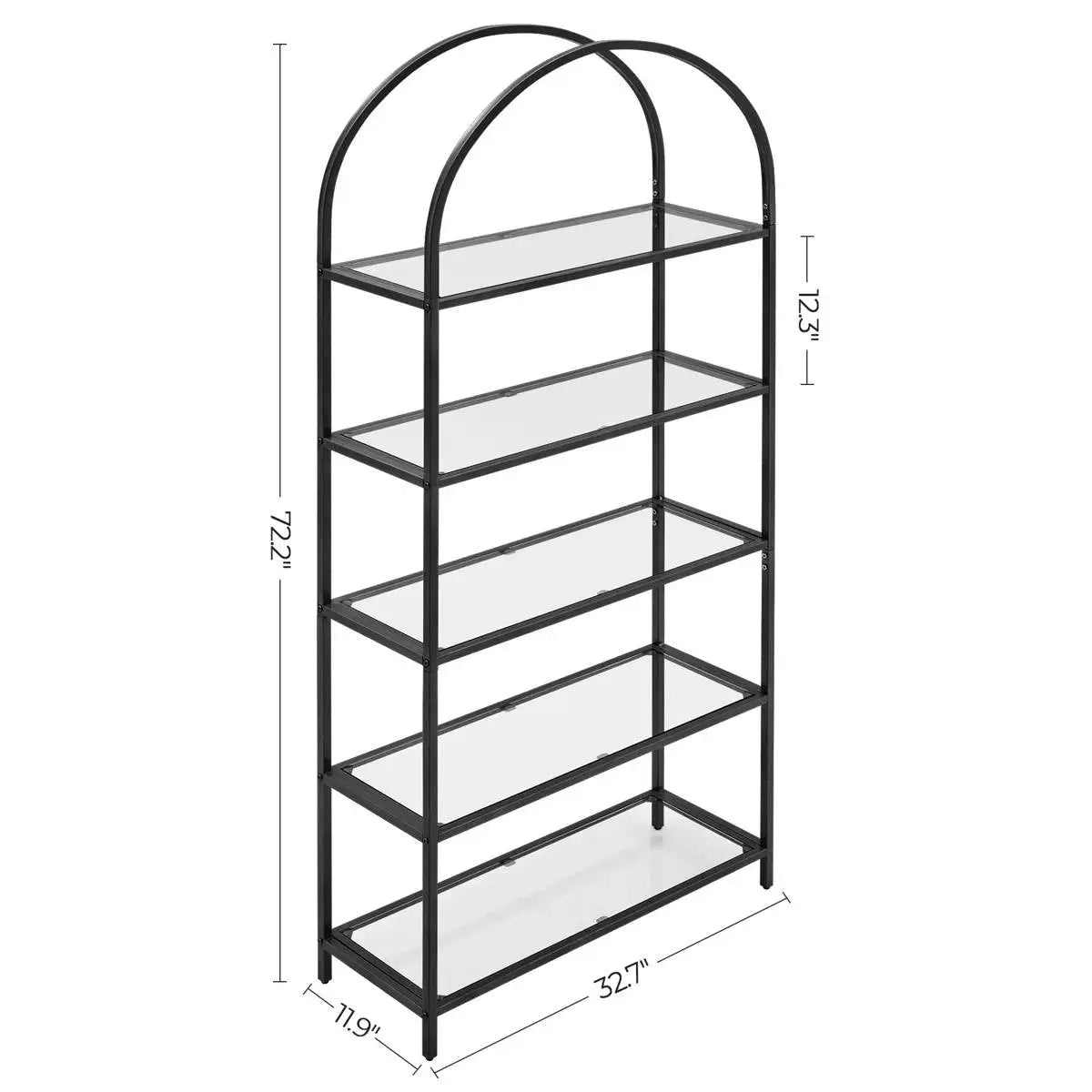Modern Black Metal Arched Top Display Rack Bookcase with 5 Glass Storage Shelves - HomePacific