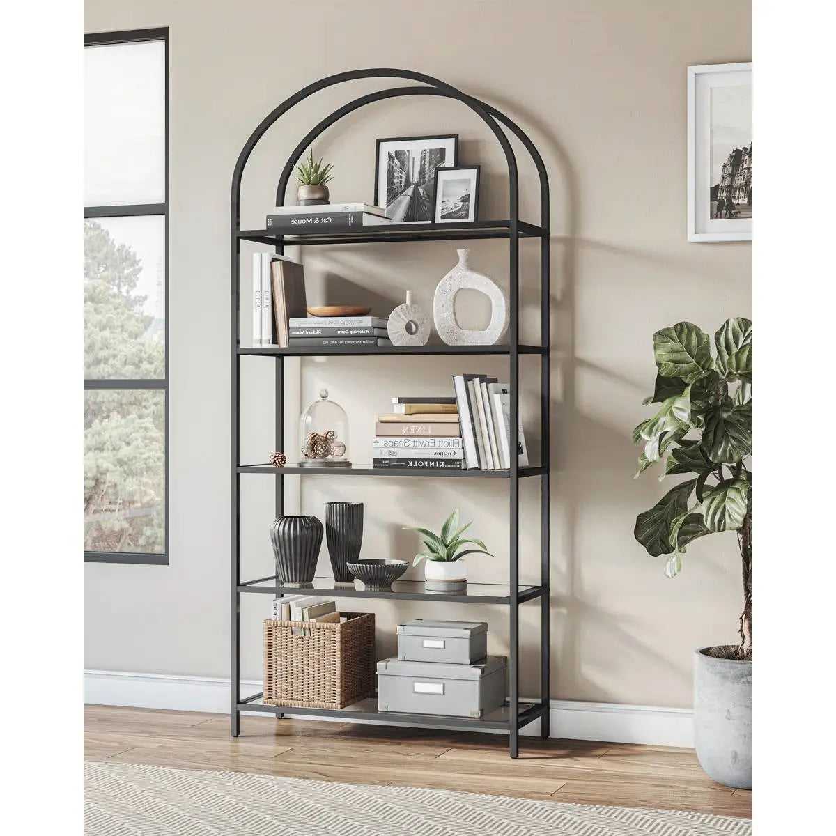 Modern Black Metal Arched Top Display Rack Bookcase with 5 Glass Storage Shelves - HomePacific