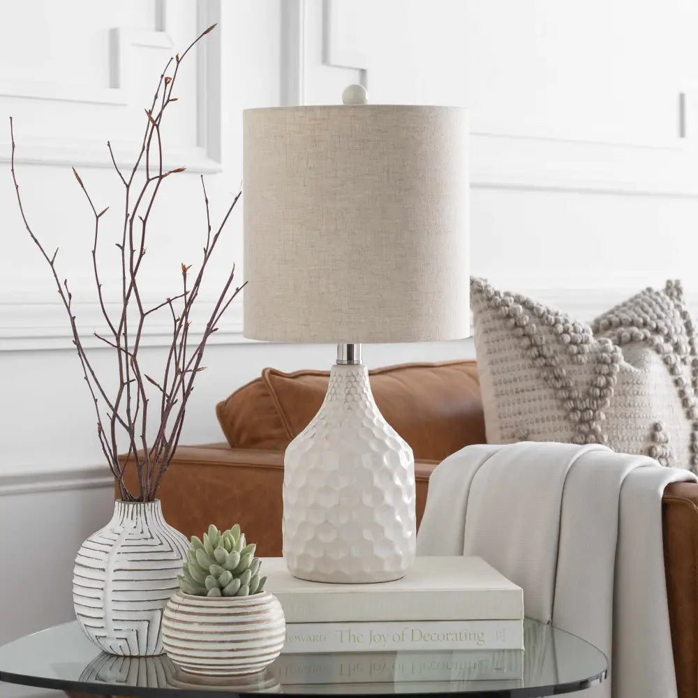 Modern Textured Ivory Ceramic Table Lamp - 18.5’’H x 9’’W x 9’’D - Boutique Rugs