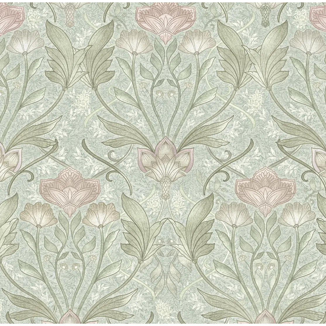 Morris Wallpaper - Botanical Pattern - by Aynsley Ovard x Bloomery Decor - Sample 1 foot by 1 foot / Blush and Sage