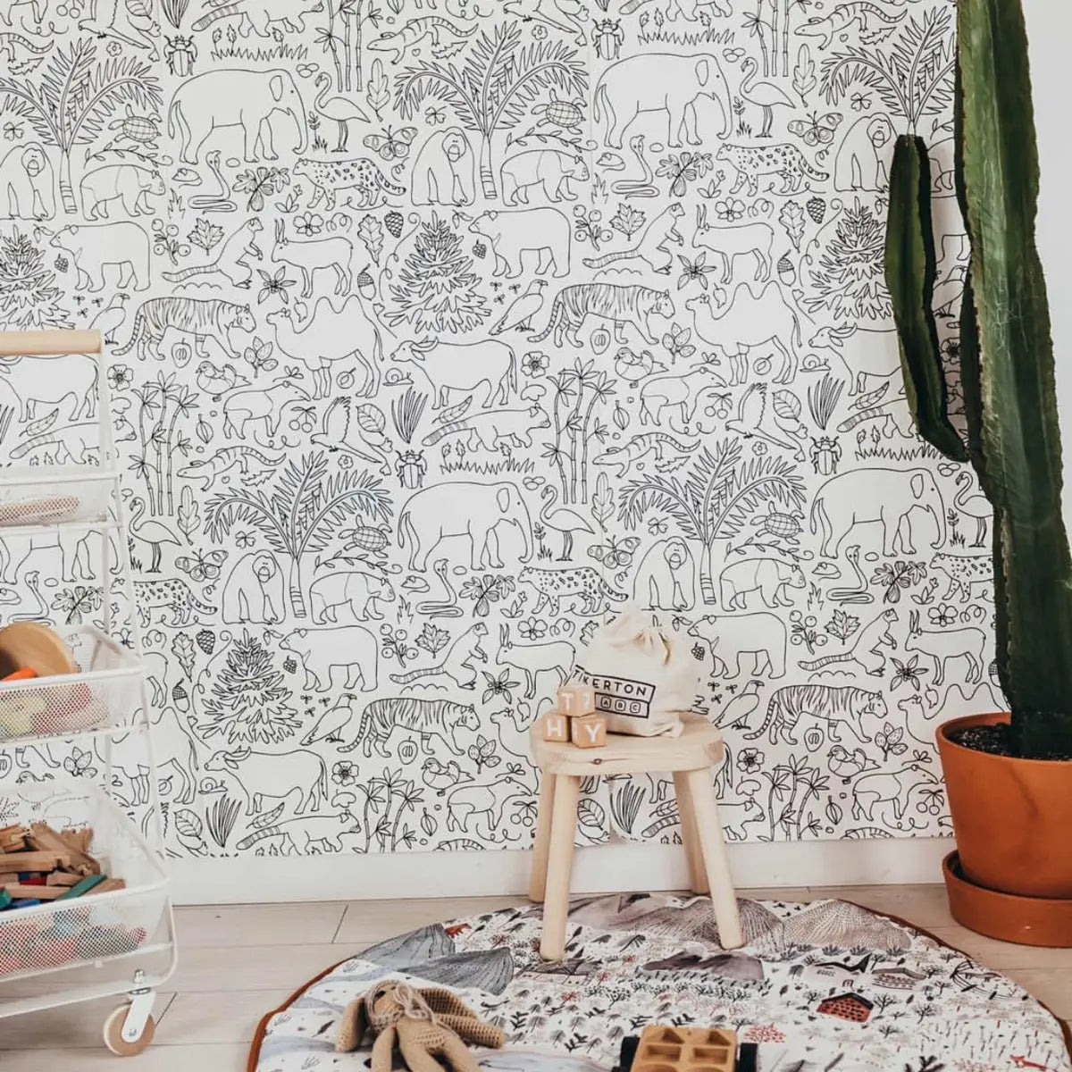 Mowgli Wallpaper - African Animals Line Drawings for Kids - Loomwell Home Goods