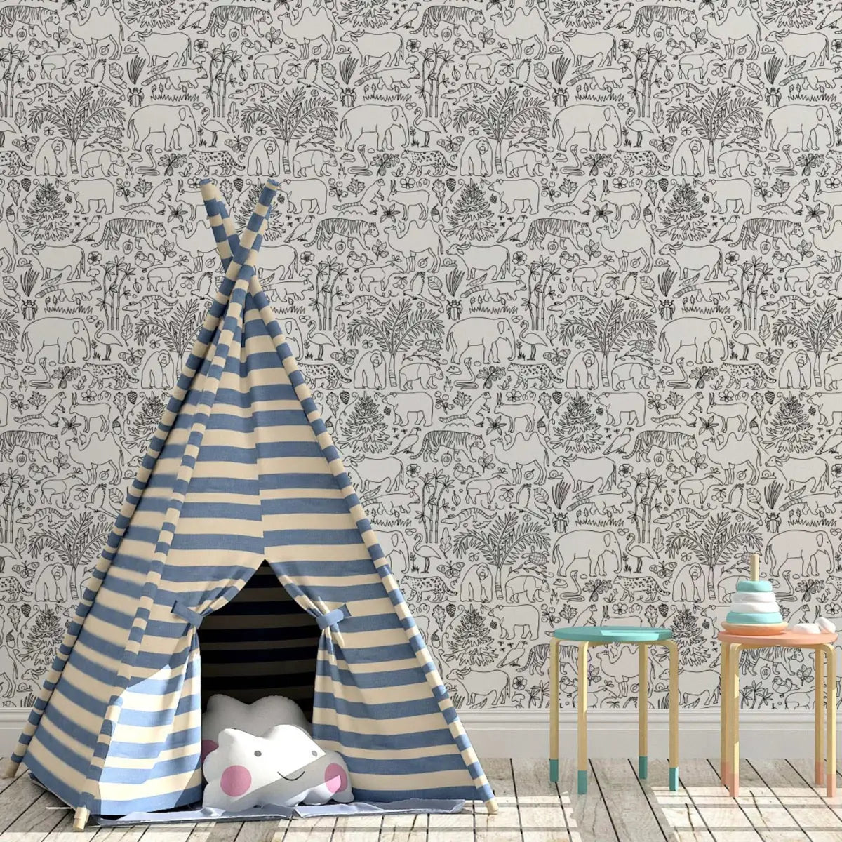 Mowgli Wallpaper - African Animals Line Drawings for Kids - Loomwell Home Goods