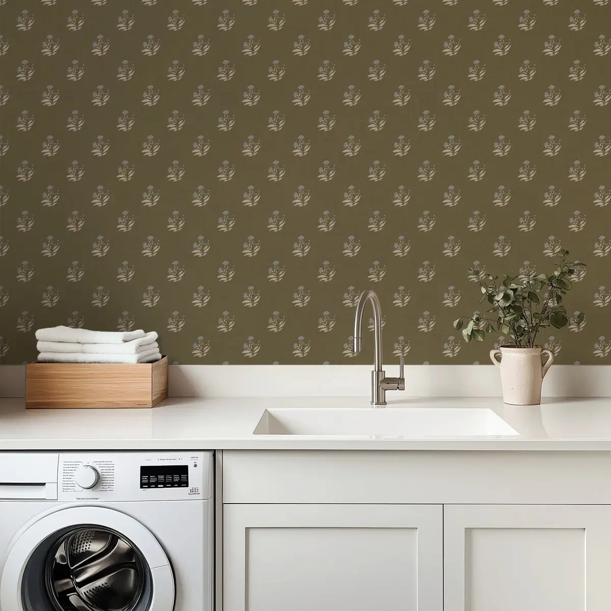 Mulberry Court Wallpaper - Floral Block Print on Linen Look - by Safari Natalia x Taddy Mikelaites - Loomwell Home Goods