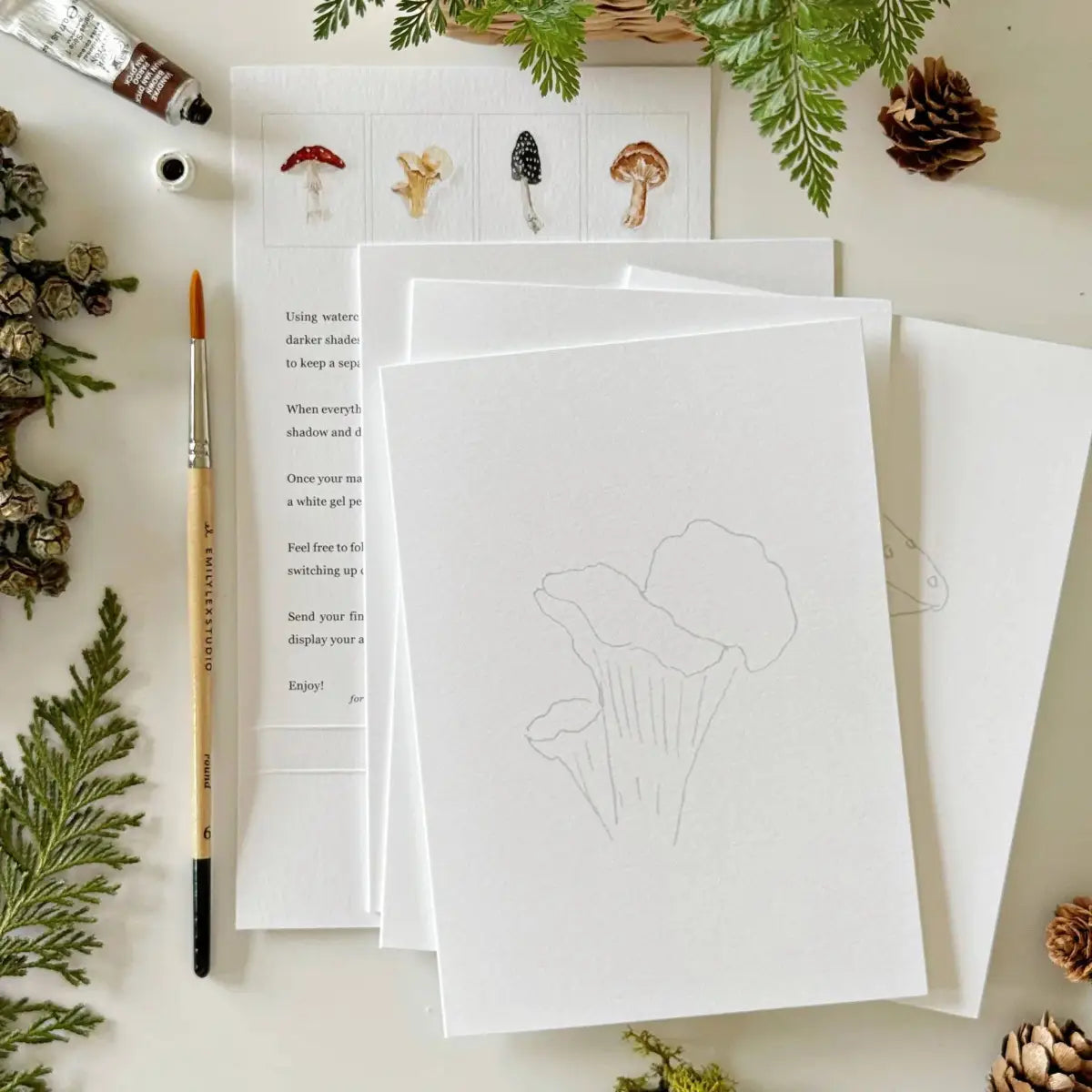 Watercolor Notecard Set - Mushrooms - Paintable - emily lex studio