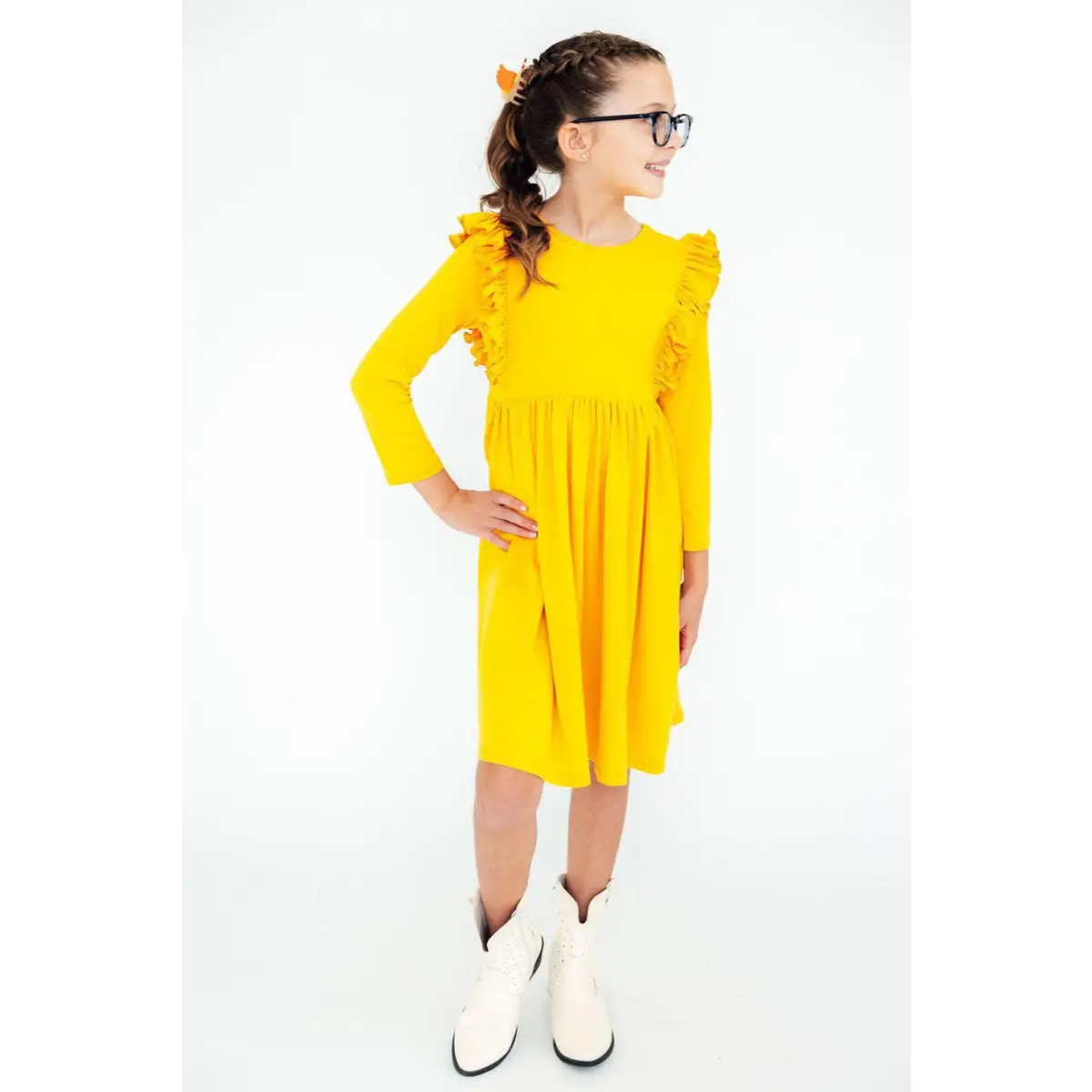 Mustard L/S Ruffle Twirl Dress - Mila & Rose ®