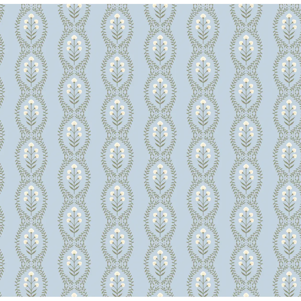 Nattie Wallpaper - Block Print Floral Stripe - by Kourtni Gunn - Sample 1 foot by 1 foot / Light Blue - Loomwell Home